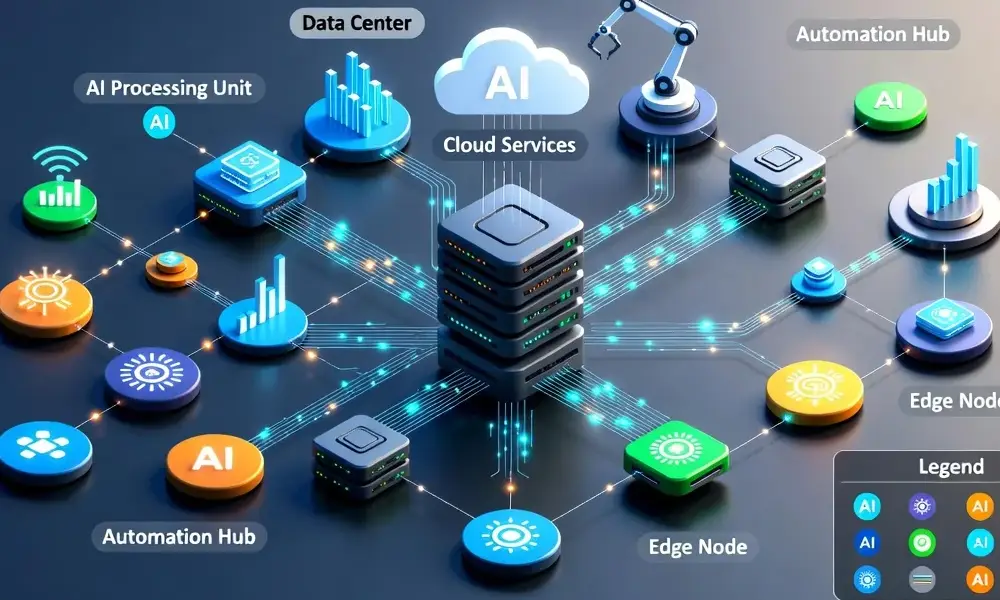 AI automation architecture with data sources, AI model, business rules, applications, and human approval